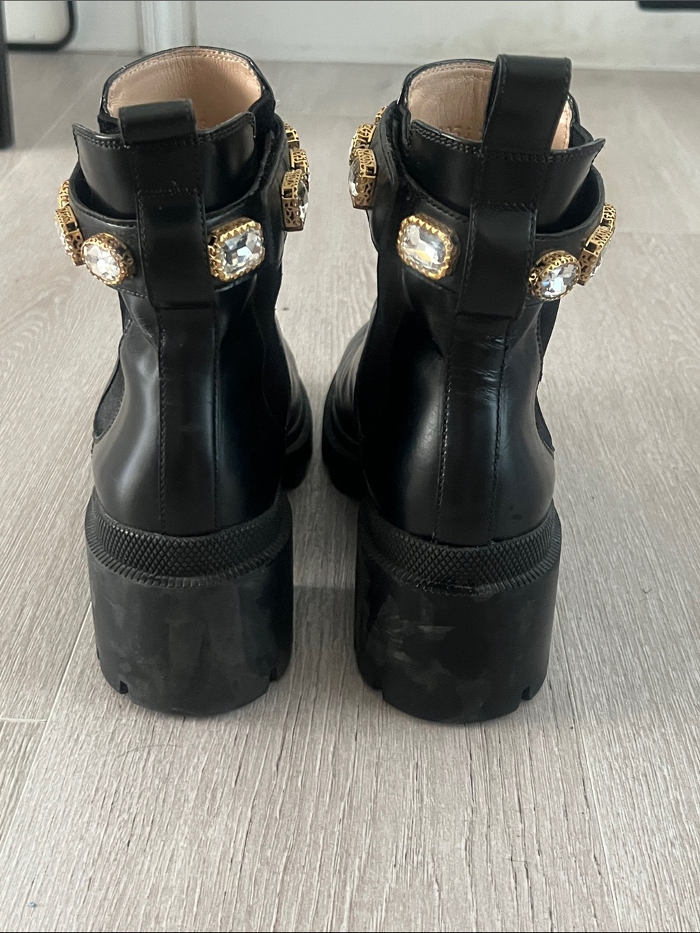 Gucci Black Leather Ankle Boots with Gold GG & Jeweled Strap - Picture 4 of 8